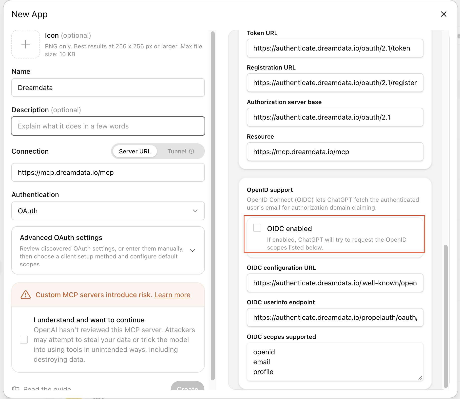 Clearing the OIDC enabled checkbox under OpenID support in ChatGPT