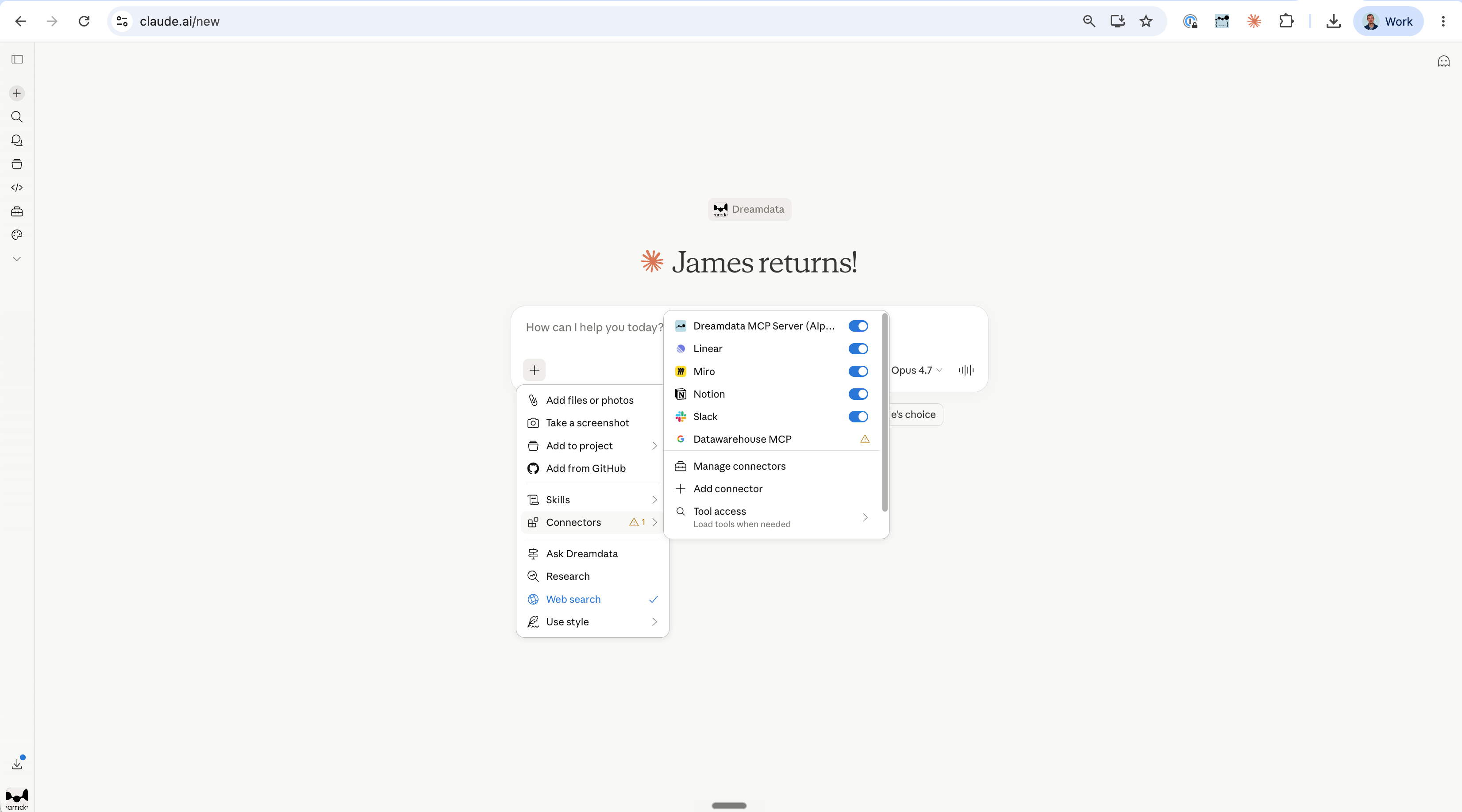 Toggling the Dreamdata connector on in a Claude conversation