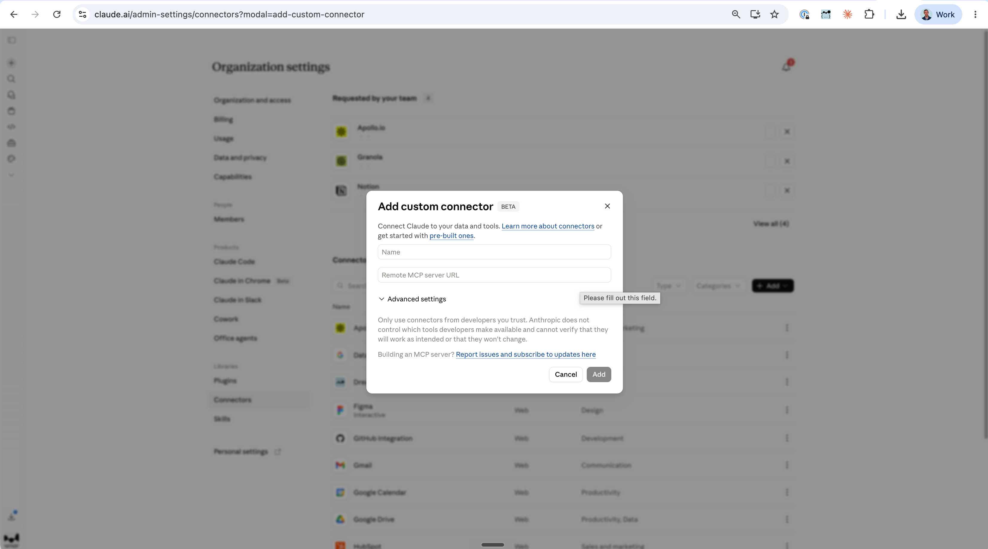 Adding the Dreamdata custom connector in Claude organization settings
