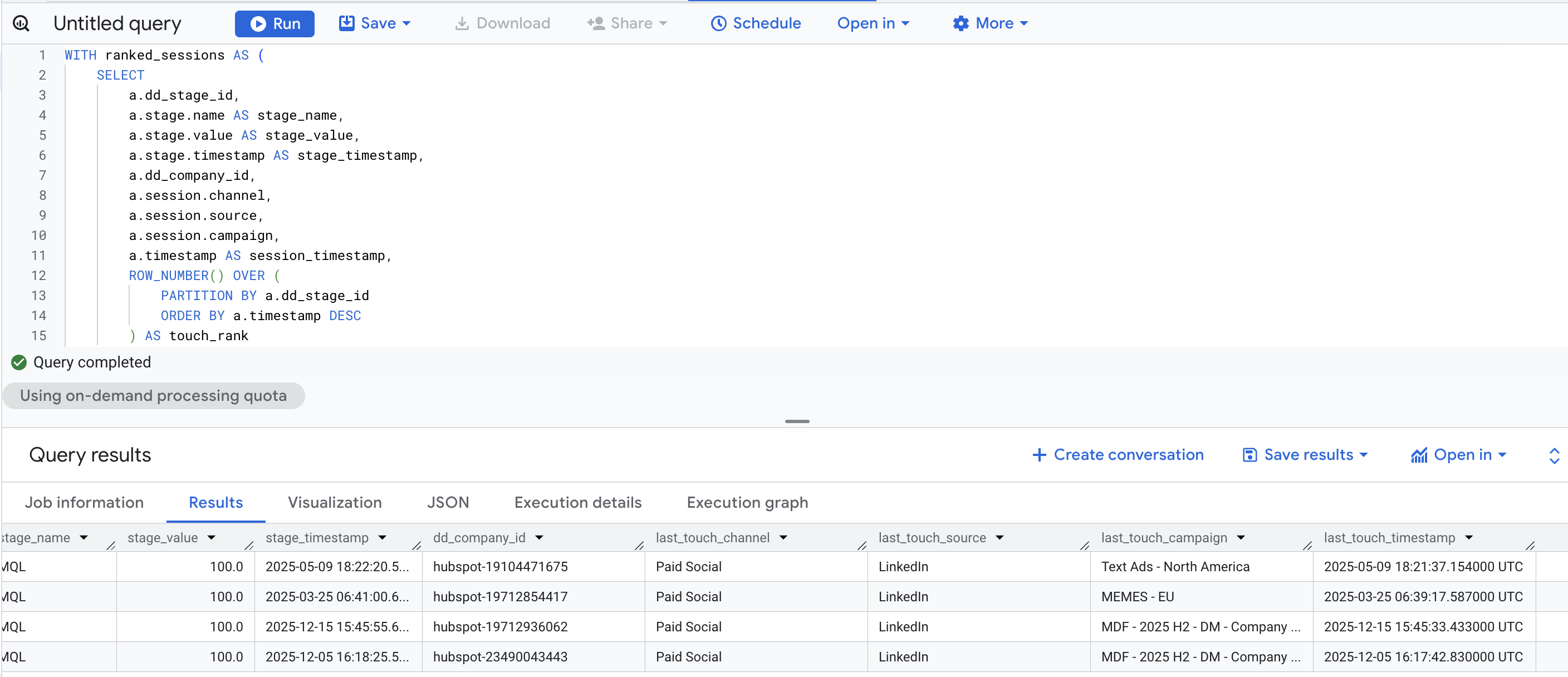 Table output showing last-touch channel, source, campaign, and timestamp per deal stage